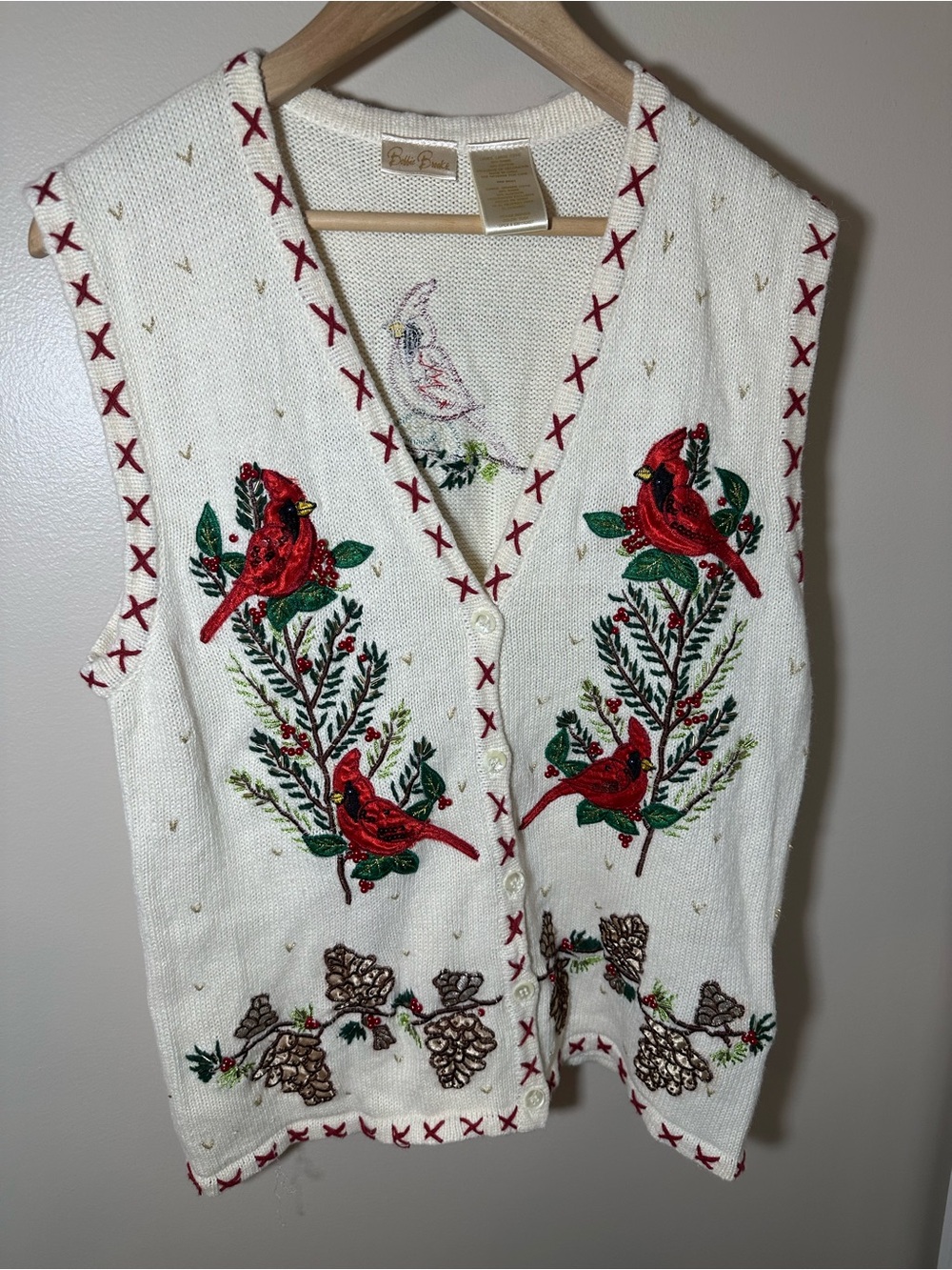 Vtg Bobbie Brooks Holiday Cardinal Sequin Embroidery Granny Sweater Vest Size L